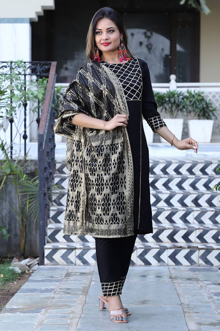 Reliable Black Rayon Gota Work Straight Kurta with Pant And Dupatta For Women